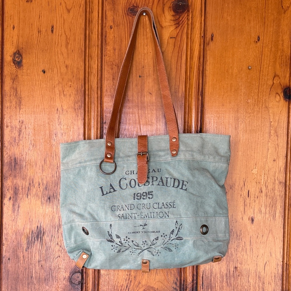 Myra Bag Green Canvas Tote with Brown Leather Straps